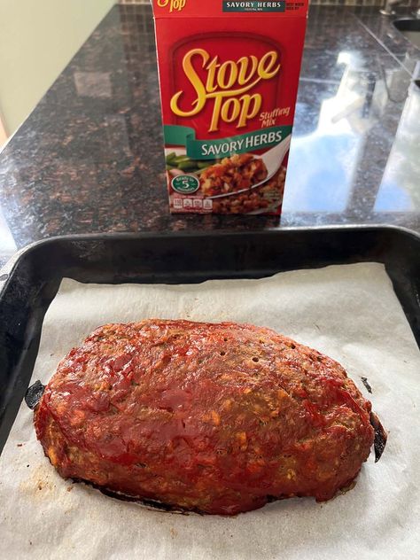 This delicious Stove Top Stuffing Meatloaf is about to be a new family favorite! The recipe uses stuffing mix instead of breadcrumbs for a boost of home-cooked flavor. Meatloaf With Boxed Stuffing, Meatloaf With Stuffing Recipes, Easy Meatloaf With Stove Top Stuffing, Stove Top Meatloaf Recipes Easy, Stove Top Meatloaf Recipes, Stovetop Meatloaf Recipes, Meatloaf Stuffing Recipe, Stuffing Meatloaf Stove Top, Meatloaf With Stuffing Mix Recipe