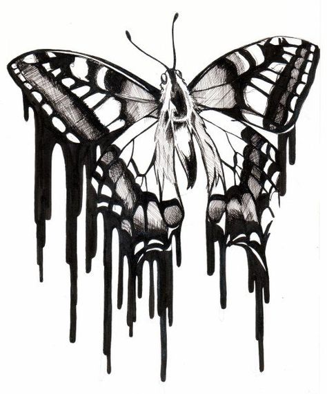 Zombie Butterfly Tattoo, Melting Moth Tattoo, Melting Butterfly Drawing, Butterfly Melting Tattoo, Butterfly Tattoo Reference, Dark Surrealism Tattoo Design, Dark Butterfly Drawing, Weird Butterfly Tattoo, Drippy Butterfly Tattoo