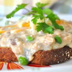 Creamed Salmon on Toast - Allrecipes.com Creamed Salmon On Toast, Creamed Salmon, Salmon On Toast, Salmon And Peas, Peas On Toast, Creamed Peas, Buttered Toast, Cheap Easy Meals, Salmon Patties