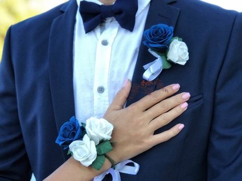 Blue boutonniere. Blue wedding boutonniere. Fall boutonniere. Mens lapel flower. Royal Blue Corsage And Boutonniere, Blue Corsage And Boutonniere, Royal Blue Corsage, Make A Corsage, Boutonniere Blue, Fall Boutonniere, Fall Boutonnieres, Royal Blue Wedding Theme, Blue Corsage