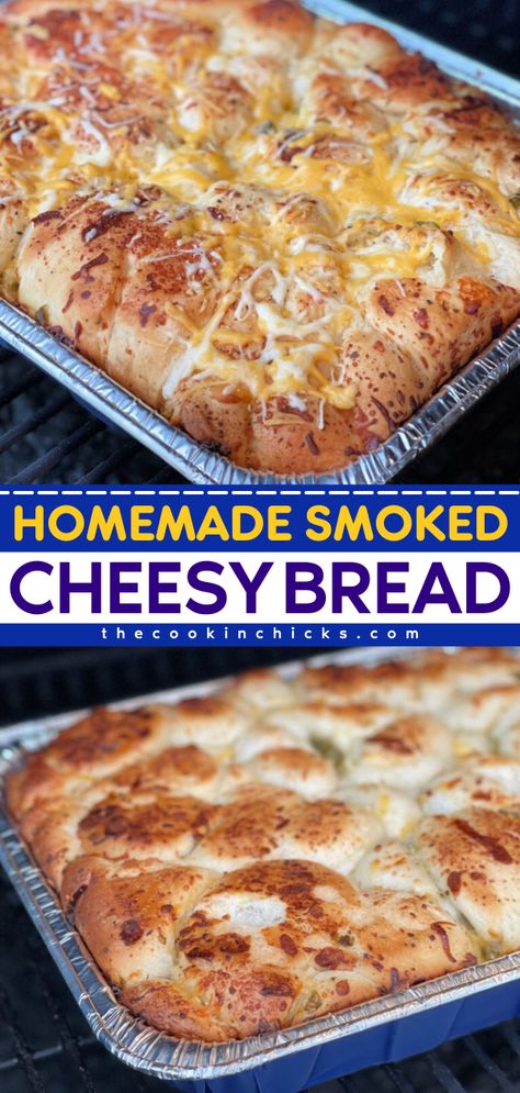 Looking for party snack ideas? This easy appetizer recipe features ooey-gooey pull-apart bread on the smoker! Loaded with garlic, peppers, and more, every bite of this cheesy bread is delicious. Put this smoked bread on your game day recipes! Smoked Bread, Party Snack Ideas, On The Smoker, Tailgating Food, The Cookin Chicks, Game Day Recipes, Delicious Chicken Dinners, Chicke Recipes, Pellet Grill Recipes