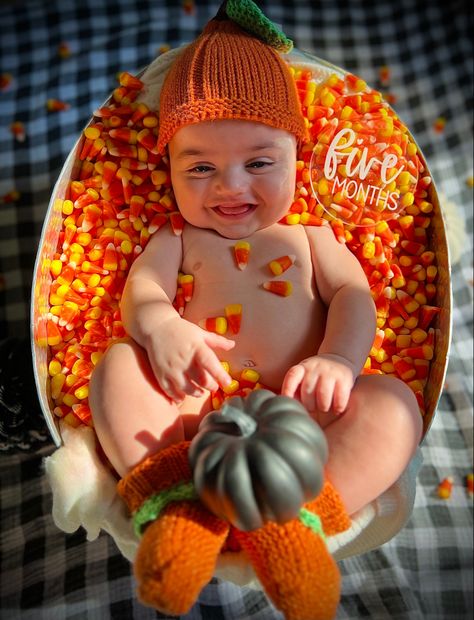 milestone Baby Candy Corn Picture, Candy Corn Photoshoot Baby, Candy Corn Baby Pictures, November Milestone Baby Pictures, Halloween Monthly Baby Pictures, Baby Halloween Pictures, November Pics, 7 Months Baby Photoshoot, Holiday Baby Pictures