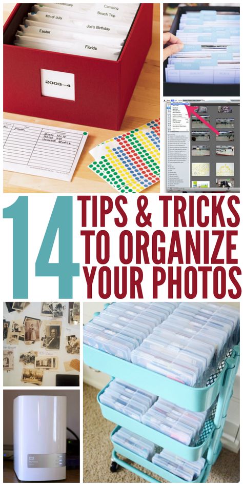 14 Simple Tips and Tricks to Organize Your Photos Photo Album Shelf Ideas, How To Organize Pictures Storage, Old Photo Organization Ideas, How To Organize Printed Photos, Picture Storage Ideas Organizing, How To Organize Pictures, Photo Boxes Ideas Storage, Declutter Pictures, How To Organize Photos Storage Boxes