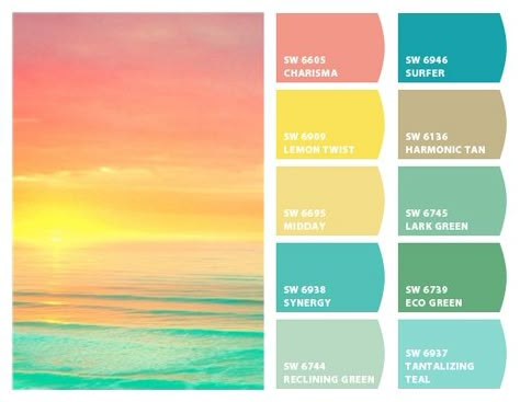 Cheerful, uplifting, and relaxing all at once. Tropical colors of sunrise. Beach Color Palettes, Beach House Colors, Exterior House Paint Color, House Paint Color Combination, Color Combinations Paint, Paint Color Combinations, Exterior House Paint Color Combinations, Exterior House Paint, Color Schemes Colour Palettes