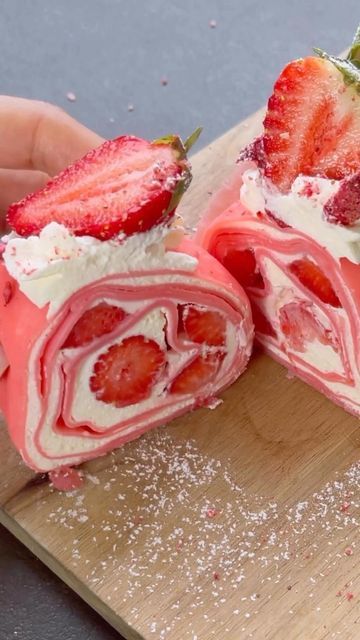 Cake Greatness Everyday 🍰💥🎂😍 on Instagram: "Strawberry crepe roll (aka towel cake)🍓🍓🍓 🎥: @ohcakeswinnie . . . #baking #cakedecorating #cakegoals #bakes #cake #cakeideas #easter #desserts #springdecor #cakestagram #caketrends #strawberries #springtime #reels #cakegram #bakestagram #cakesofinstagram #cakereels #cakeart #cakeporn #cakelover #cakeboss #cakeroll" Crepe Rolls Desserts, Strawberry Crepe Roll, Mini Crepe Cake, Cake Roll Aesthetic, Crepe Cake Aesthetic, Crepe Roll Cake, Strawberry Crepe Cake, Mille Crepes, Strawberry Roll Cake