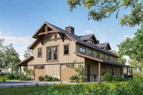 Angled right view of a Pleasing RCA-style Barndominium Barn Exterior Ideas, Timber Trusses, Timber Truss, Porch Plans, Pole Barn House Plans, Carport Designs, Barn Style House Plans, Barn Interior, Garage Apartments