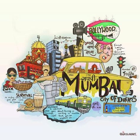 Gateway Of India Doodle Art, Aamchi Mumbai Doodle, Mumbai Meri Jaan Drawing, Indian Food Mural Wall Art, Mumbai Wall Art, Mumbai City Doodle Art, Bombay Illustration Art, Indian Cities Illustration, Mumbai City Painting