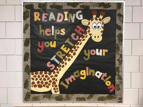 Reading Bulletin Board Ideas, School Library Book Displays, Reading Bulletin Board, School Library Bulletin Boards, School Library Decor, Elementary Bulletin Boards, Jungle Theme Classroom, School Library Displays, Library Bulletin Board