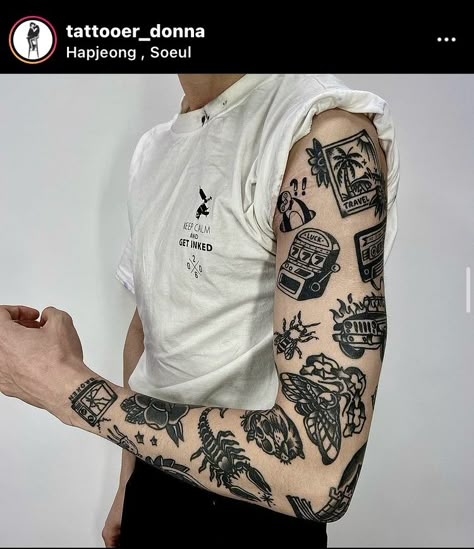 Model Tattoos Men, Edgy Men Tattoo, Patch Work Tattoo Men, Mens Patchwork Tattoo Sleeve, Old School Tattoo Sleeve, Edgy Tattoo, Hals Tattoo Mann, Tato Flash, Tato Henna