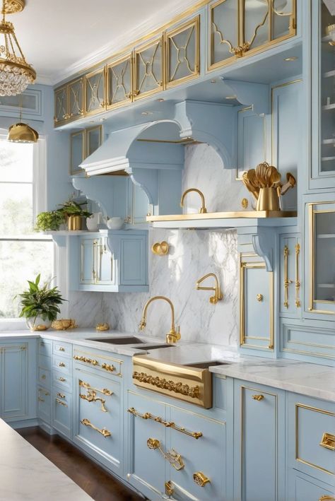 1. Light Blue Kitchen Cabinets
2. Gold Hardware
3. Dream Kitchen Inspiration
4. Kitchen Design Trends Bridgerton Apartment, Kitchen Cabinets With Gold Hardware, Light Blue Kitchen Cabinets, Cabinets With Gold Hardware, Simple Modern Kitchen, Vintage Kitchen Design, New Modern Kitchen, Light Blue Kitchen, French Kitchens