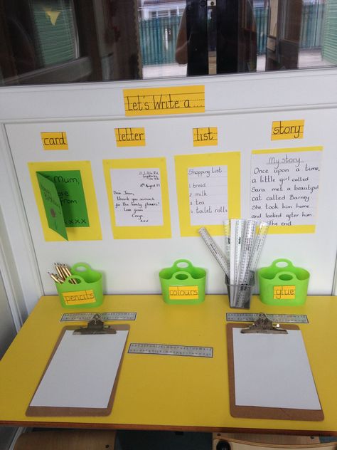 Exploring Materials Eyfs, Yr 1 Classroom Ideas, Writing Ideas Eyfs, Reception Writing Activities Eyfs, Writing Table Preschool Ideas, Writing Area Ideas Eyfs, Provocation Table Ideas, Writing Table Preschool, Reception Class Activity Ideas