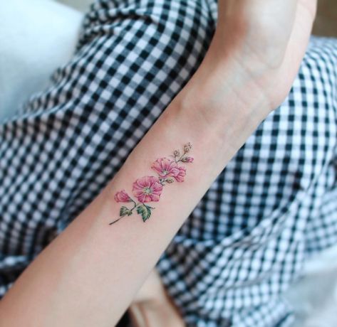 Hollyhock 🌿 Hollyhock Tattoo, Olive Tattoo, Unique Tattoos For Women, Hp Tattoo, Beautiful Flower Tattoos, Tattoos For Women Half Sleeve, Tattoos Women, Tattoo Feminina, Subtle Tattoos