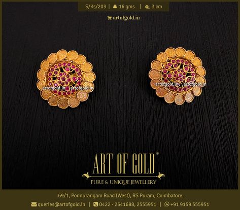 Kasu Earrings Gold Buttalu, Kasulaperu Earrings, Gold Studs Earrings Indian Round, Kasu Earrings Gold, Attachment Art, Ruby Earrings Gold, Gold Ruby Earrings, Big Earrings Gold, Lightweight Jewellery