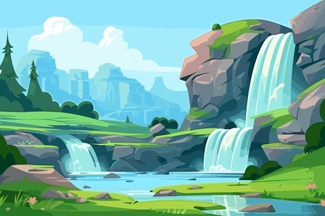 Waterfall Illustration Vector, Vector Landscape Illustration, Waterfall Illustration, Land Resources, Waterfall Drawing, Water Cascade, Landscape Waterfall, Water Environment, Vector Landscape