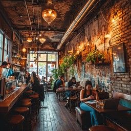 Customers enjoying their time in a cozy café with vintage décor and ambient lighting. Cozy Cafe Aesthetic, Cafe Mural, Cozy Cafe Interior, Coffee Shop Lighting, Village Coffee, Vintage Coffee Shops, Library Shop, Cosy Cafe, Shop Image