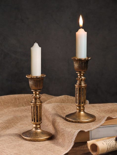 2pcs Polyresin Candle Holder, Vintage Design Candle Stand For Home | SHEIN EUR Autumnal Wedding Decor, Candle On Table, Gold Candlesticks, Witchy Cottage, Gold Candle Holder, Candle Holder Vintage, Candle Stick Decor, Gold Candle Sticks, Antique Candles