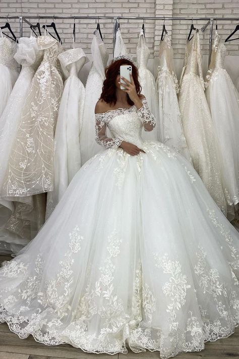 Off Shoulder Lace Long Sleeves Ball Gown White Bridal Gowns | Yesbabyonline.com – YESBABYONLINE Ball Gown White, Bridal Vibes, Purple Quinceanera Dresses, Lace Princess Wedding Dresses, Illusion Wedding Dress, White Bridal Gown, Big Wedding Dresses, Long Sleeve Ball Gowns, Wedding Dresses Cinderella