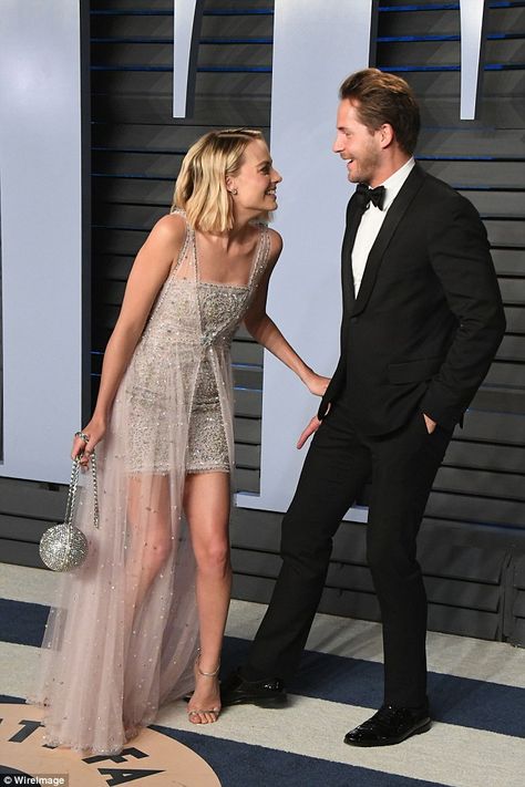 Gifted pair: Despite missing out on the Best Actress Oscar gong, Margot Robbie and husband... Margot Robbie Tom Ackerley, Margot Robbie Husband, Chanel Gown, Tom Ackerley, Fitted Corset, Best Actress Oscar, Jimmy Choos, Blonde Makeup, Sheer Gown