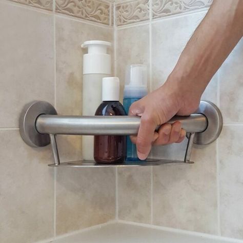 Senior Bathroom Design, Shampoo Shelf, Accessible Bathroom Design, Ada Bathroom, Grab Bars In Bathroom, Bathroom Shower Design, Cabin Bathrooms, Shower Storage, Bathroom Safety