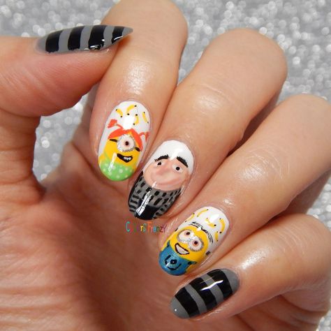 Despicable Me Nails, Silly Nails, Universal Nails, Minion Nail Art, Character Nails, Minion Nails, Almond Acrylic, Almond Acrylic Nails, Soft Nails