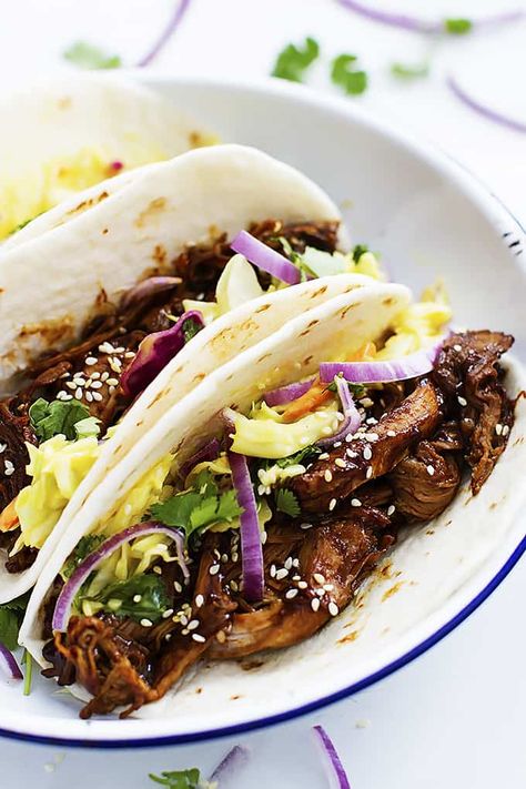 Slow Cooker Korean BBQ Pork Tacos | Creme De La Crumb Slow Cooker Korean Bbq, Bbq Pork Tacos, Korean Bbq Pork, Bbq Tacos, Korean Pork, Pork Bbq, Fried Chicken Breast, Pork Tacos, Shredded Pork