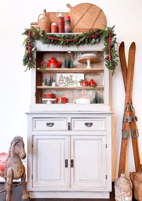 Christmas Hutch Decor, Christmas Hutch, Christmas House Tour, Hutch Decor, Christmas Accents, Christmas Kitchen Decor, Christmas Interiors, Christmas Decorations For The Home, Indoor Christmas Decorations