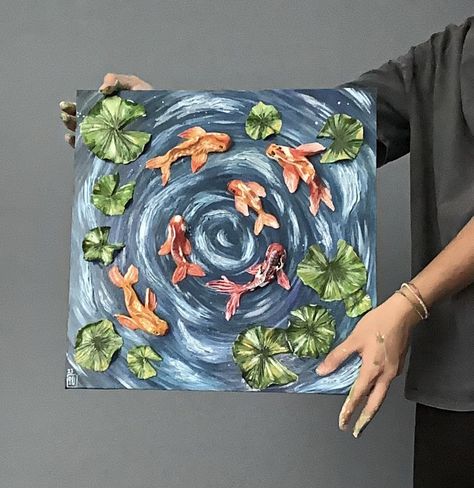 #koifish #3dpainting #clay #ceramics #koifishart #canvaspaintingideas #canvas Leaf Skeleton, Lotus Pond, 3d Painting, Fish Art, Clay Ceramics, Koi Fish, Air Dry Clay, Craft Inspiration, Koi