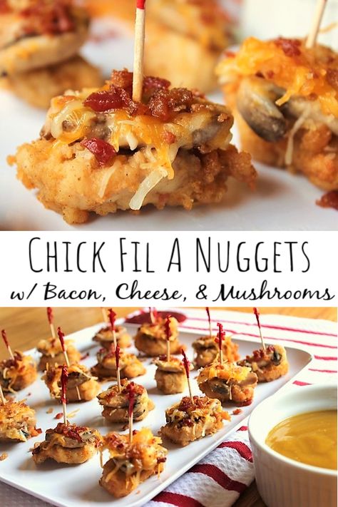 Why not dress up your Chick Fil A nuggets? Of course they're amazing by themselves, but they're also great dressed up as an appetizer! These are super easy to make. Just use their honey mustard as a dipping sauce and your guests will be so impressed! #chickfila #chickfilanuggets #chickfilachickennuggets #chickennuggets #chickennuggetsappetizer #nuggetsappetizer #dressupchickennuggets #appetizer #horsdoeuvre #horsdoeuvres Chicken Nuggets Appetizer, Chicken Nugget Appetizers, Chicken Nugget Appetizer Ideas, Chick Fil A Nuggets Recipe, Chick Fil A Chicken Nuggets, Cheese Mushrooms, Chick Fil A Nuggets, Party Chicken, Chick Fil A Sauce