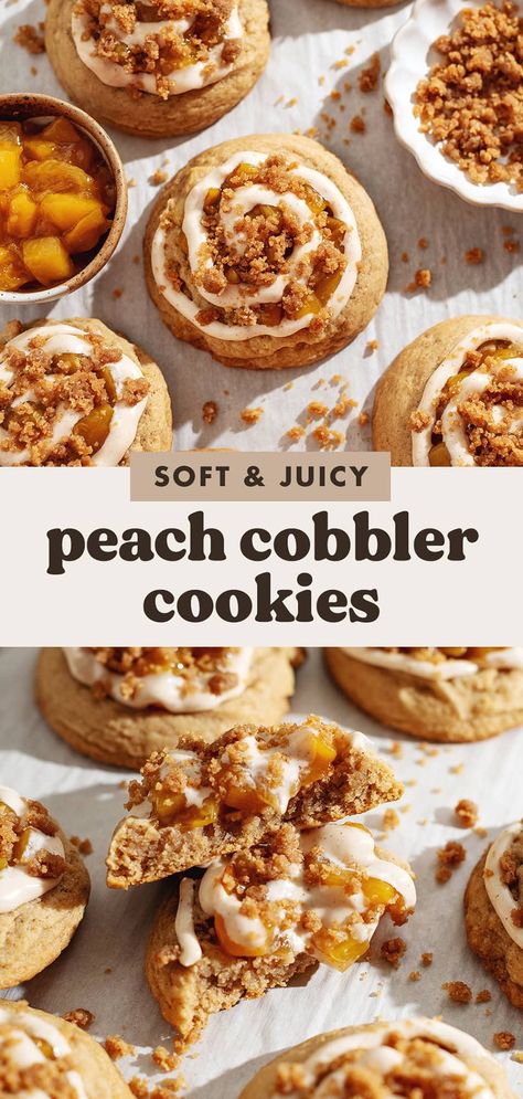 These peach cobbler cookies are topped with a juicy peach compote, a swirl of cinnamon cream cheese icing, and buttery crumble! They're soft, spiced, and so delicious. Peach Cobbler Cookies Crumbl, Peaches And Cream Cookies, Peach Cobbler Cookies, Cobbler Cookies, Spiced Cookies, Peach Compote, Peach Cookies, Cinnamon Crumble, Cinnamon Cream Cheese