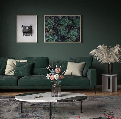 Sofas Colour Combination, Dark Green Sofa Color Combinations, Green Sofa Living Room Colour Schemes Interior Design, Dark Green Couches, Green Room Design, Green Couch Living Room, Green Sofa Living Room, Tv Lounge, Dark Green Wallpaper