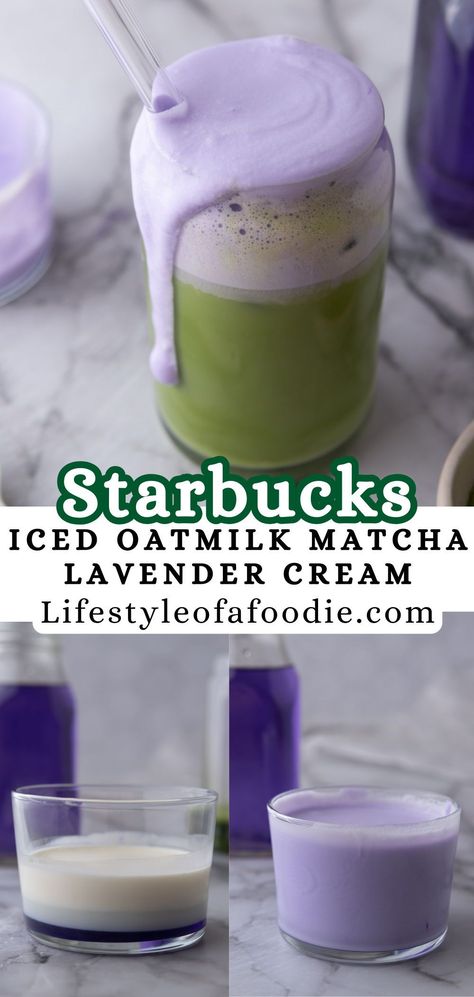 This copycat Starbucks Oatmilk Matcha Lavender Cream recipe is here just in time for Spring 2024! Made with sweetened matcha powder, creamy oat milk, and lavender syrup, this iced lavender oat milk latte will satisfy your every craving. Starbucks Iced Lavender Matcha, Lavender Oat Milk Matcha, Iced Lavender Cream Oat Milk Matcha, Iced Lavender Cream Oatmilk Matcha, Starbucks Lavender Oatmilk Matcha, Lavender Cream Oat Milk Matcha, Lavender Oatmilk Chill, Macha With Lavender, Lavender Cream Cold Foam