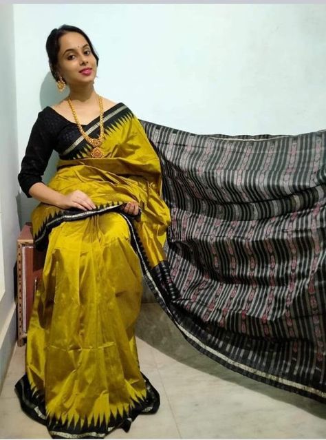 Multicolour Saree, Yellow Silk Saree, Desi Attire, Sambalpuri Saree, Black Saree, Yellow Silk, Black And Yellow, Intricate Designs, Black Border