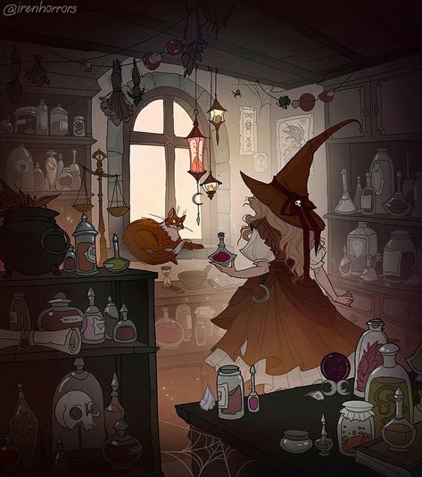 Witchy Anime Aesthetic, Cartoon Witch Aesthetic, Witch Aesthetic Cartoon, Witch Shop Art, Witch Shop Illustration, Witch Aesthetic Illustration, Anime Witch Aesthetic, Witch Room Drawing, Witch Room Art