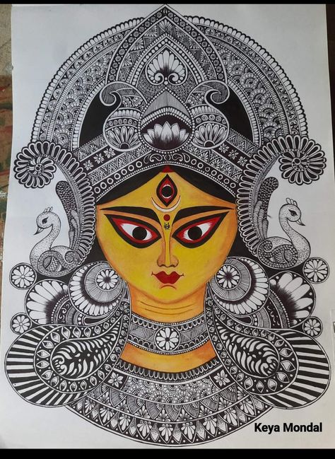 Navaratri Drawings Mandala, Durga Goddess Mandala Art, Shiv Shakti Painting Easy, Navratri Mataji Drawing, Mandala Durga Maa, Mandala Art Durga Maa, Drawing For Durga Puja, Mataji Painting, Mataji Sketch