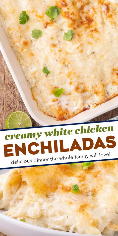 These creamy white chicken enchiladas are made with shredded chicken, smoky salsa verde, piled high with cheese, and smothered in a mouthwatering homemade spicy and creamy sauce, and baked to gooey cheesy perfection! Creamy White Chicken Enchiladas, Shredded Chicken Enchiladas, Salsa Verde Chicken Enchiladas, Easy Dinner Desserts, Creamy Salsa, White Chicken Enchiladas, Green Enchilada Sauce, Vermicelli Noodles, Duck Recipes