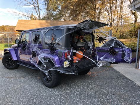 Jeep trunk or treat Halloween Trunk Or Treat Ideas For Jeep Wrangler, Trunk Or Treat Jeep Wrangler Ideas, How To Decorate Your Jeep For Halloween, Halloween Jeep Decorations Trunk Or Treat, Jeep Trunk Or Treat Decor, Spider Theme Trunk Or Treat, Jeep Halloween Trunk Or Treat, Halloween Decorations For Jeep Wrangler, Halloween Car Trunk Decorations