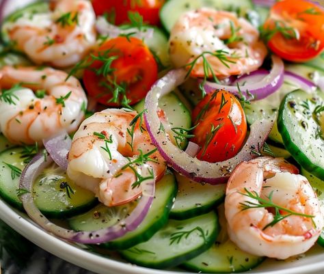 Creamy Cucumber Shrimp Salad – Chloe foods Creamy Cucumber Shrimp Salad, Cucumber Shrimp Salad, Cucumber Shrimp, Creamed Cucumbers, Super Salads, Salmon And Shrimp, Shrimp And Vegetables, Elegant Appetizers, Creamy Cucumbers