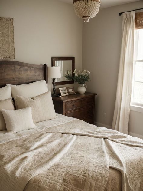 Create a cozy and inviting bedroom by showcasing a quilt with a beautiful aesthetic pattern as a focal point. Pair it with a vintage-inspired wooden bed frame and complement the look with soft, neutral-toned bedding and a bohemian-inspired rug. Cottage Bedroom Aesthetic, Quilt Aesthetic, Victorian Home Ideas, Dream House Aesthetic, Inviting Bedroom, Wooden Bed Frame, Mesmerizing Beauty, Beautiful Aesthetic, Wooden Bed