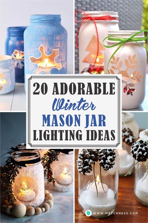 Lighted Christmas Mason Jar Crafts, Jars With Lights Inside Christmas, Lights In Jars Diy, Christmas Light Jars Diy Projects, Snowy Mason Jar Luminaries, Mason Jar Candle Holders Christmas, Mason Jar Winter Crafts, Diy Christmas Candles Jars, Mason Jar Luminaries Diy Christmas