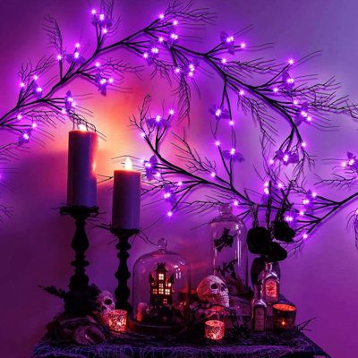 6 Feet 54 LED Halloween Garland Decorations with Orange Pumpkin Lights, 8 Flashing Modes, Battery Operated Twigs Vine for Halloween Decorations Indoor Outdoor Home Party Fireplace! | Ophelia & Co. 54 LED Halloween Willow Vine Twig Garland w/ Bats Purple Lights for Halloween Decorations black, Plastic | C111784702 | Wayfair Canada Twig Garland, Purple Lights, Fireplace Mantle Decor, Purple Pumpkin, Halloween Garland, Purple Halloween, Pumpkin Lights, Harry Potter Birthday, Halloween Lights