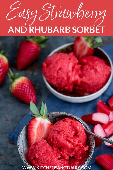 Only five ingredients needed for this Easy Strawberry and Rhubarb Sorbet. No churn, refined sugar free and gluten free too! #strawberry #rhubarb #sorbet #sugarfree #glutenfree