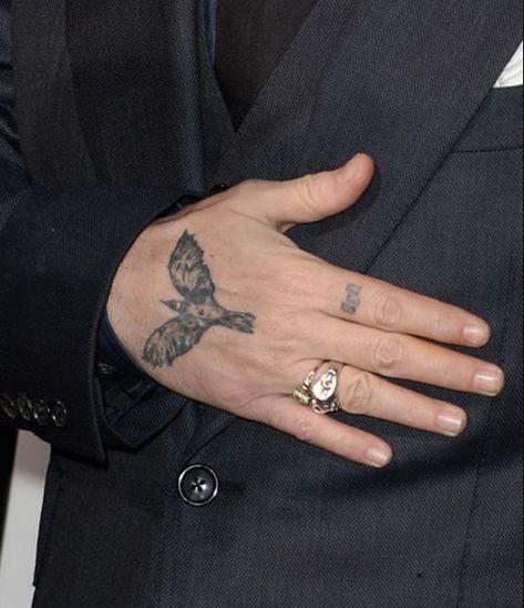 This tattoo suggests that either Johnny depp is superstitious or he just loved the movie ‘The Crow’ and Brendan Lee. Johnny depp got tattooed with the crow tattoo in 2012 to show his love for the movie. For those who don’t know The Crow is a movie in which the lead character come backs to life to avenge his murder. Johnny Depp Tattoos, Bird Hand Tattoo, Herren Hand Tattoos, Deep Tattoo, جوني ديب, Movie Tattoo, Crow Tattoo, Best Tattoos For Women, Raven Tattoo