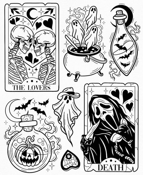 Flash Tattoo Horror, Spooky Tattoo Designs, Oldschool Tattoo Flash, Halloween Flash Tattoo, Spooky Flash, Halloween Tattoo Flash, Pumpkin Tattoo, Tarot Tattoo, Tarot Card Tattoo