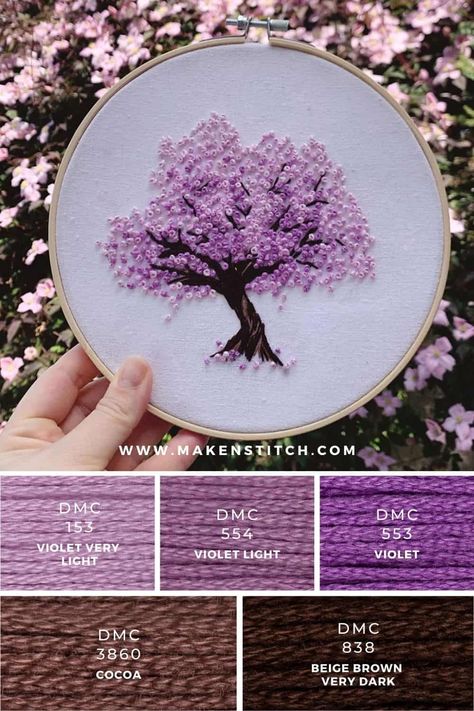 Sakura Tree Embroidery, Hand Embroidery Tree Designs, Embroidery Thread Palette, Embroidery Tree Design, Color Palette Embroidery, Dmc Color Palette Embroidery, Tree Embroidery Tutorial, Sakura Color Palette, Embroidery Tree Pattern