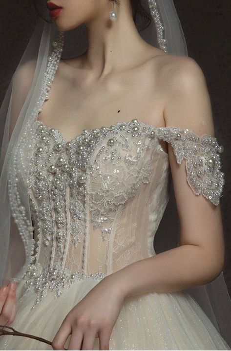 Wedding Dresses Ball Gown Lace, Dresses With Pearls, Wedding Dress Off The Shoulder, Fairytale Wedding Dress, Off The Shoulder Wedding Dress, Pearl Wedding Dress, Shoulder Wedding Dress, Mehndi Dress, Fairy Tale Wedding Dress