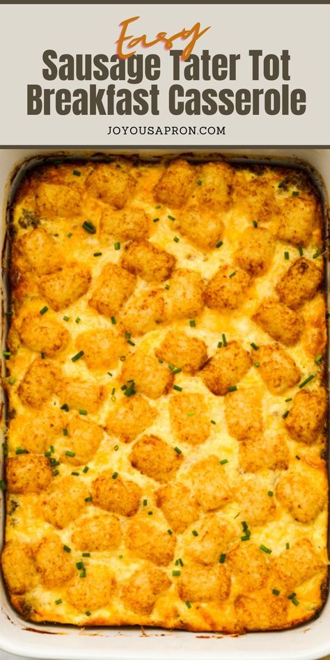 Tater Tot Sausage Breakfast Casserole - easy and yummy Christmas holiday brunch recipe! Crumbly pork sausage, potatoes, eggs and cheese baked in a casserole. A delicious family meal! Great for potlucks and gatherings. #breakfast #brunch #casserole #tatertot #comfortfood #sausage #potatoes #egg #recipe #joyousapron Tater Breakfast Casserole, Breakfast Casserole With Pork Sausage, Gator Tot Egg Bake, Sausage Tatertot Casserole Breakfast, Breakfast Tatertot Casserole Recipe Easy, Sausage Cream Cheese Tater Tot Breakfast Casserole, Tatertot Breakfast Casserole Crockpot, Breakfast Casserole Tater Tots Sausage, Tatertot Egg Casserole Recipe