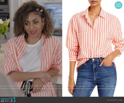 Patience’s orange stripe shirt on All American. Outfit Details: https://wornontv.net/277465/ %23AllAmerican Orange Striped Shirt Outfit, Chelsea Tavares, Outfits With Striped Shirts, Vertical Striped Shirt, Where To Buy Clothes, Stripe Shirt, Fashion Tv, All American, Latest Outfits