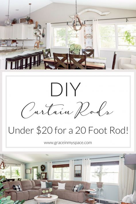 Have you ever balked at the prices of custom curtain rods for large windows? I know I have! So today I've got a super easy and cheap (under $20!) tutorial on how to make DIY Curtain Rods for up to 20 feet of windows! Curtain Rod Ideas For Large Window, Sunroom Curtains & Drapes, Basement Drapes, Curtain Rods For Large Windows, Sunroom Curtains, Extra Long Curtain Rods, Large Window Curtains, Farmhouse Curtain Rods, Cheap Curtain Rods