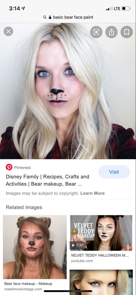 Teddy Bear Costume Makeup, Teddy Bear Makeup Look, Bear Makeup Halloween Cute, Cute Bear Makeup Halloween Easy, Scary Bear Makeup, Bear Face Paint, Bear Makeup, Velvet Teddy, Bear Face