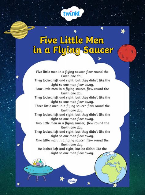 This fantastic resource features 45 sheets, each with a different classic children's nursery rhyme on including Five Little Ducks, Doctor Foster, Goosey Goosey Gander, Hey Diddle Diddle, and Five Little Men in a Flying Saucer! #twinkl #twinklparents #parents #parenting #space #nurseryrhymes #childrensbook #planets #alien #aliens #kids #learning Space Rhymes For Preschool, Space Nursery Rhymes, Space Kindergarten, Planets Preschool, Alphabet Stories, Doctor Foster, Nursery Rhyme Crafts, Five Little Ducks, Traditional Nursery Rhymes